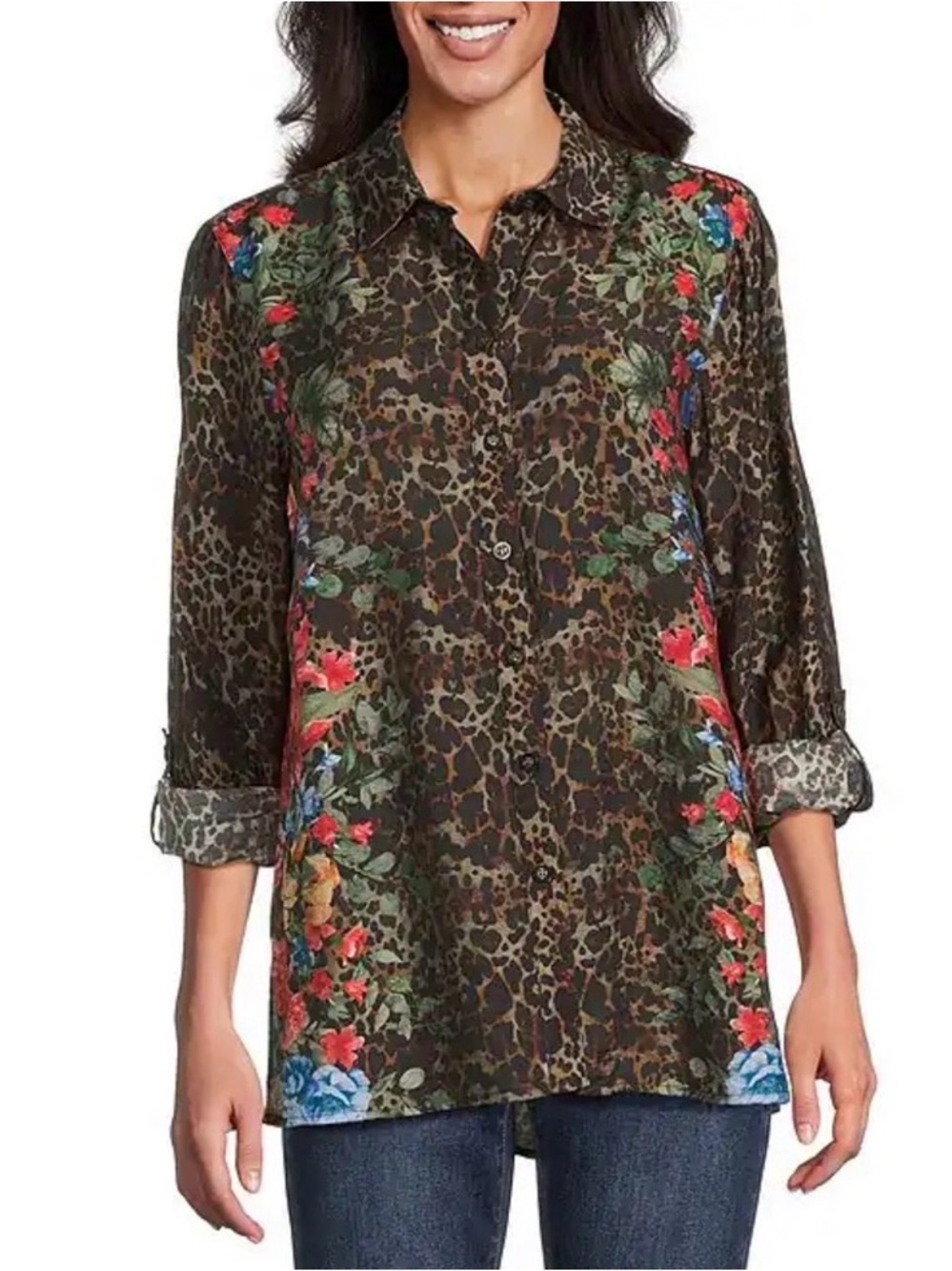 LN Animal Skin Floral Multi Print Point Collar Long Roll Tab Button Front Blouse